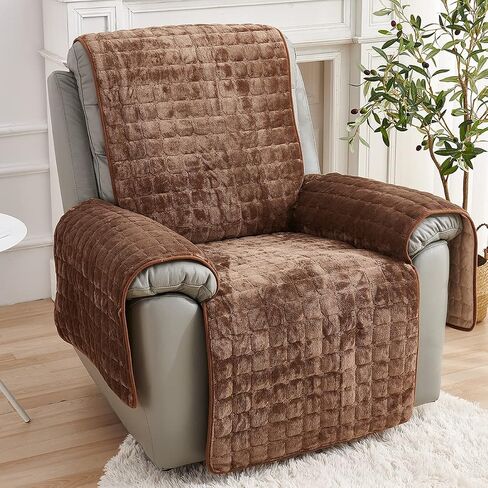 vctops Flannel Plush Recliner Sofa Cover Soft and Warm Plaid Quilted Slipcover Furniture Protector Solid Color Non Slip Couch Cover for Kids, Dogs, Pets (Coffee,21") in Saudi Arabia