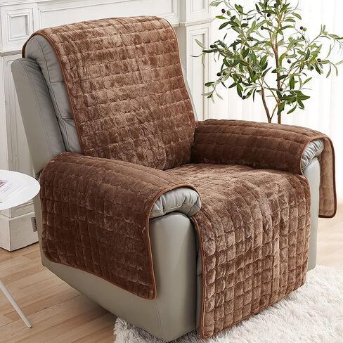vctops Flannel Plush Recliner Sofa Cover Soft and Warm Plaid Quilted Slipcover Furniture Protector Solid Color Non Slip Couch Cover for Kids, Dogs, Pets (Coffee,21") in Saudi Arabia