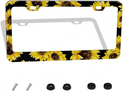 إطار لوحة ترخيص عباد الشمس - عبوة واحدة من حامل لوحة ترخيص عباد الشمس الأصفر، غطاء بطاقة سيارة معدنية من الألومنيوم بفتحتين مع براغي، ديكور مخصص للنساء والرجال، لمعايير المركبات الأمريكية in Kuwait