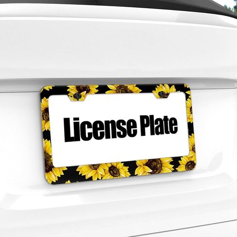 إطار لوحة ترخيص عباد الشمس - عبوة واحدة من حامل لوحة ترخيص عباد الشمس الأصفر، غطاء بطاقة سيارة معدنية من الألومنيوم بفتحتين مع براغي، ديكور مخصص للنساء والرجال، لمعايير المركبات الأمريكية in Kuwait