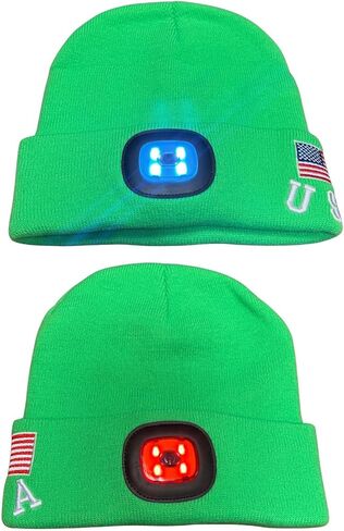 LED Beanie Hat with Rechargeable Headlight & Rear Red Light, 3 Modes, USB Charging, Warm Winter Cap with USA Logo in Saudi Arabia