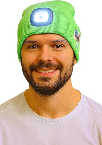 LED Beanie Hat with Rechargeable Headlight & Rear Red Light, 3 Modes, USB Charging, Warm Winter Cap with USA Logo in Saudi Arabia
