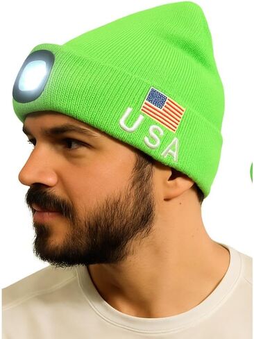 LED Beanie Hat with Rechargeable Headlight & Rear Red Light, 3 Modes, USB Charging, Warm Winter Cap with USA Logo in Saudi Arabia