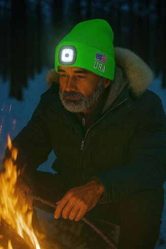 LED Beanie Hat with Rechargeable Headlight & Rear Red Light, 3 Modes, USB Charging, Warm Winter Cap with USA Logo in Saudi Arabia