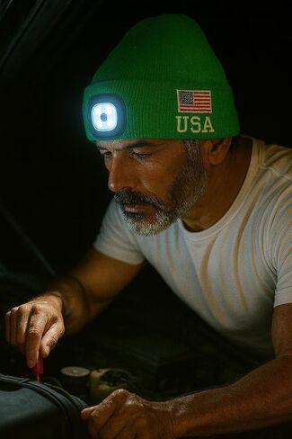 LED Beanie Hat with Rechargeable Headlight & Rear Red Light, 3 Modes, USB Charging, Warm Winter Cap with USA Logo in Saudi Arabia