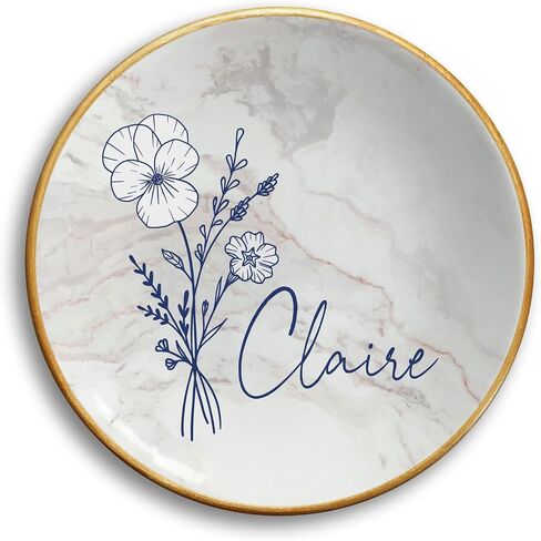 Birth Flower Jewelry Dish, Personalized Ceramic Trinket Tray with Name, for Bridesmaid, Best Friend or Mom, 4" Ring Dish,100% Handmade and Original, Little Worm Studio in Saudi Arabia