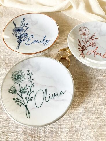 Birth Flower Jewelry Dish, Personalized Ceramic Trinket Tray with Name, for Bridesmaid, Best Friend or Mom, 4" Ring Dish,100% Handmade and Original, Little Worm Studio in Saudi Arabia