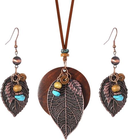 Wooden Leather Necklaces Set Bohemian Wood Stack Discs Long Chain Hemp Rope Bronze Plated Pendant Ethnic Tribal Fall Leaf Earrings Jewelry Statement Necklace in Kuwait