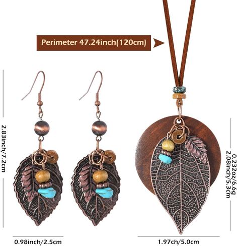 Wooden Leather Necklaces Set Bohemian Wood Stack Discs Long Chain Hemp Rope Bronze Plated Pendant Ethnic Tribal Fall Leaf Earrings Jewelry Statement Necklace in Kuwait