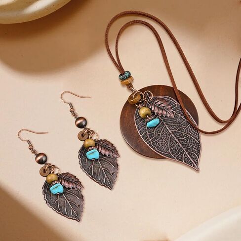Wooden Leather Necklaces Set Bohemian Wood Stack Discs Long Chain Hemp Rope Bronze Plated Pendant Ethnic Tribal Fall Leaf Earrings Jewelry Statement Necklace in Kuwait