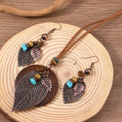 Wooden Leather Necklaces Set Bohemian Wood Stack Discs Long Chain Hemp Rope Bronze Plated Pendant Ethnic Tribal Fall Leaf Earrings Jewelry Statement Necklace in Kuwait