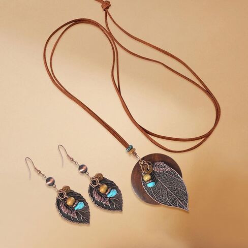 Wooden Leather Necklaces Set Bohemian Wood Stack Discs Long Chain Hemp Rope Bronze Plated Pendant Ethnic Tribal Fall Leaf Earrings Jewelry Statement Necklace in Kuwait