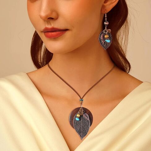 Wooden Leather Necklaces Set Bohemian Wood Stack Discs Long Chain Hemp Rope Bronze Plated Pendant Ethnic Tribal Fall Leaf Earrings Jewelry Statement Necklace in Kuwait