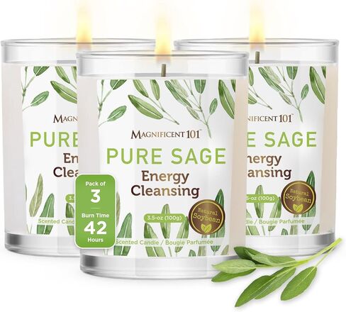 Magnificent 101 Set of 3 Long Lasting Pure Sage Smudge Candles | 42 Hour Burn - 3.5 Oz Each | Made of Soy Wax Candle for House Energy Cleansing, Meditation & Manifestation in Kuwait