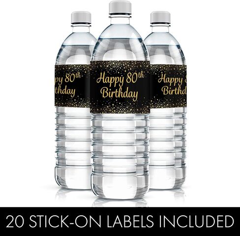 Black and Gold 80th Birthday Party Water Bottle Labels, 80th Birthday Decorations, Waterproof Stickers for Water Bottles - 24 Stickers in Saudi Arabia