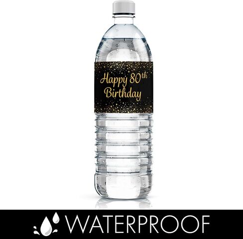 Black and Gold 80th Birthday Party Water Bottle Labels, 80th Birthday Decorations, Waterproof Stickers for Water Bottles - 24 Stickers in Saudi Arabia