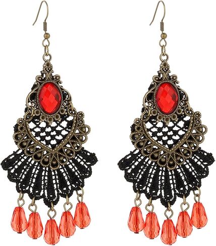 Gothic Lace Flower Earrings for Women,Vintage Red Black Rose Flower Earrings Punk Style Crystal Tassel Lace Earring Mysterious Witch Halloween Jewelry Costume in Saudi Arabia