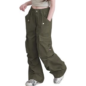 Girls Cargo Pants Elastic Waist Drawstring Hiking Dance Wide Leg with Pockets in Kuwait