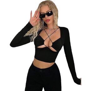 SOLY HUX Women's Cut Out Crop Tops Y2k Criss Cross Long Sleeve Asymmetrical Party Club T Shirts in Saudi Arabia