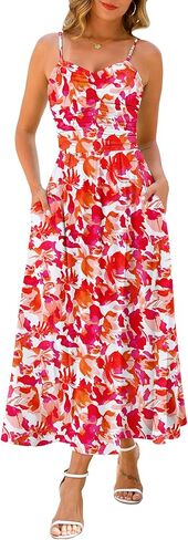 Maggeer Women's Summer Fall Adjustable Spaghetti Strap Ruched Maxi Dress Floral Boho Long Sundress with Pockets in Kuwait