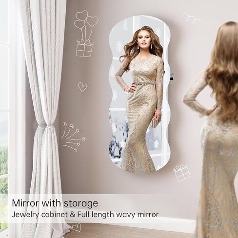 منظم خزانة المجوهرات، خزانة مجوهرات LED مثبتة على الحائط/الباب، مرآة متموجة قابلة للقفل مع مساحة تخزين، مرآة ألماس مسحوقة بطول كامل، مرآة مثبتة على الباب أو الحائط مع تخزين المجوهرات، B0CT5CDWP6 in Kuwait