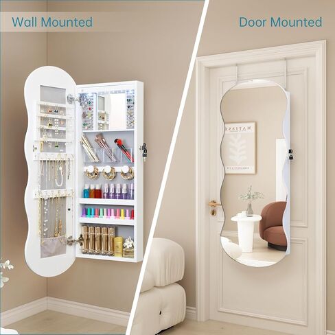 منظم خزانة المجوهرات، خزانة مجوهرات LED مثبتة على الحائط/الباب، مرآة متموجة قابلة للقفل مع مساحة تخزين، مرآة ألماس مسحوقة بطول كامل، مرآة مثبتة على الباب أو الحائط مع تخزين المجوهرات، B0CT5CDWP6 in Kuwait