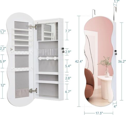 منظم خزانة المجوهرات، خزانة مجوهرات LED مثبتة على الحائط/الباب، مرآة متموجة قابلة للقفل مع مساحة تخزين، مرآة ألماس مسحوقة بطول كامل، مرآة مثبتة على الباب أو الحائط مع تخزين المجوهرات، B0CT5CDWP6 in Kuwait