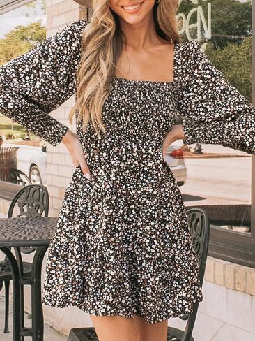 CUPSHE Women's Floral Ruffle Fall Dress Long Sleeve Smocked A Line Elastic Waist Flowy Casual Mini Dressss in Saudi Arabia