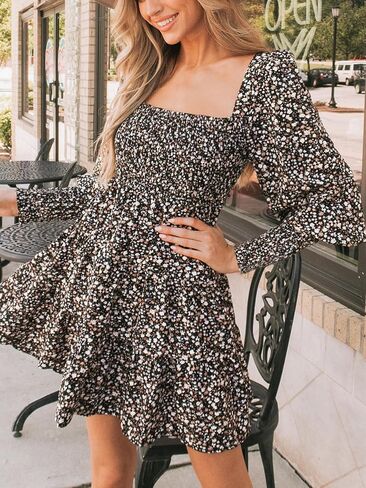 CUPSHE Women's Floral Ruffle Fall Dress Long Sleeve Smocked A Line Elastic Waist Flowy Casual Mini Dressss in Saudi Arabia