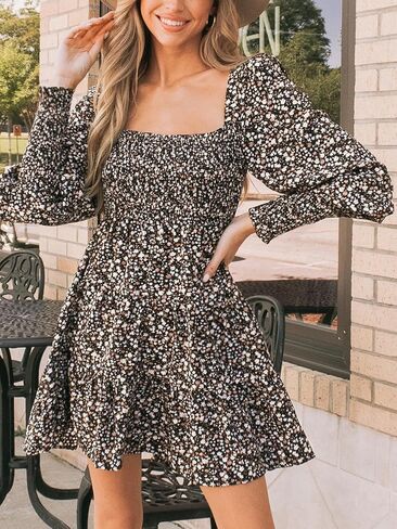 CUPSHE Women's Floral Ruffle Fall Dress Long Sleeve Smocked A Line Elastic Waist Flowy Casual Mini Dressss in Saudi Arabia