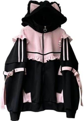 Pokn Tenshii Kawaii Hoodies Jirai Kei Fashion Cute Cat Ears Clothes Oversized Zip Up Hoodie Gothic Top in Saudi Arabia