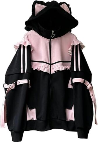 Pokn Tenshii Kawaii Hoodies Jirai Kei Fashion Cute Cat Ears Clothes Oversized Zip Up Hoodie Gothic Top in Saudi Arabia