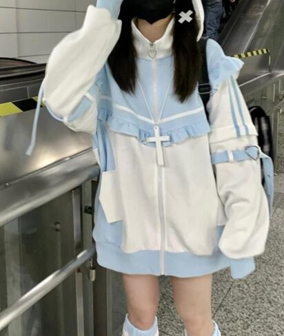 Pokn Tenshii Kawaii Hoodies Jirai Kei Fashion Cute Cat Ears Clothes Oversized Zip Up Hoodie Gothic Top in Saudi Arabia