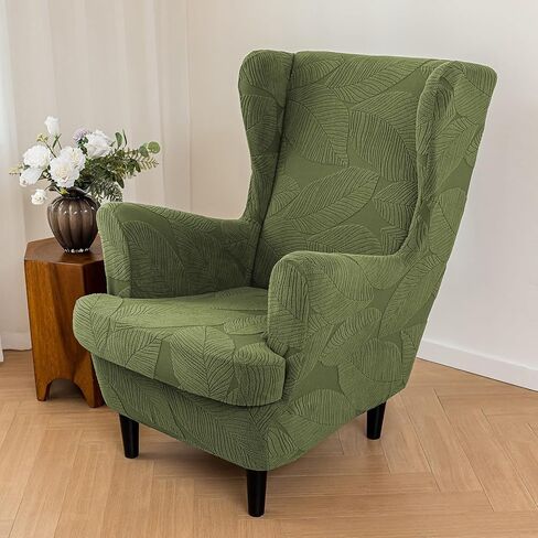 Wingback Chair Covers,Solid Color Wing Chair Slipcover with T-Cushion Cover,Stretch Non-Slip Wingback Armchair Slipcovers for Living Dining Room Wing Chair Home Decoration(Olive Green) in Saudi Arabia