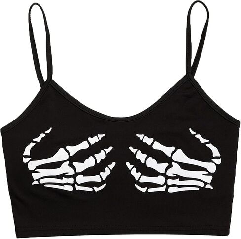 WDIRARA Women's Skeleton Skull Print Scoop Neck Spaghetti Strap Crop Cami Top in Saudi Arabia
