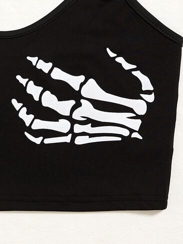 WDIRARA Women's Skeleton Skull Print Scoop Neck Spaghetti Strap Crop Cami Top in Saudi Arabia