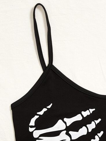 WDIRARA Women's Skeleton Skull Print Scoop Neck Spaghetti Strap Crop Cami Top in Saudi Arabia