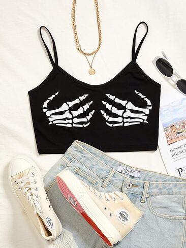 WDIRARA Women's Skeleton Skull Print Scoop Neck Spaghetti Strap Crop Cami Top in Saudi Arabia