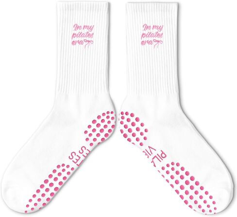 Cute Pilates Socks, Pink Crew Grippy Socks for Studio Reformer Workout Style in Kuwait
