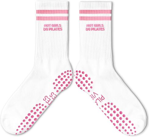 Cute Pilates Socks, Pink Crew Grippy Socks for Studio Reformer Workout Style in Kuwait