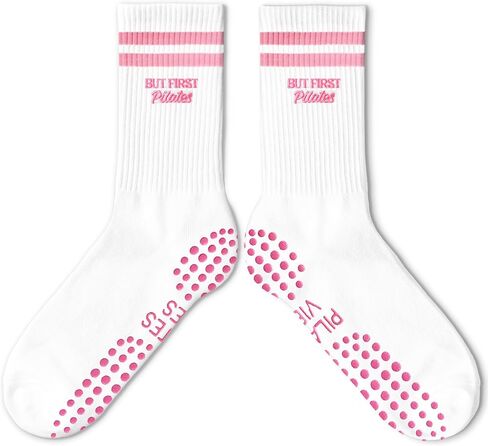 Cute Pilates Socks, Pink Crew Grippy Socks for Studio Reformer Workout Style in Kuwait