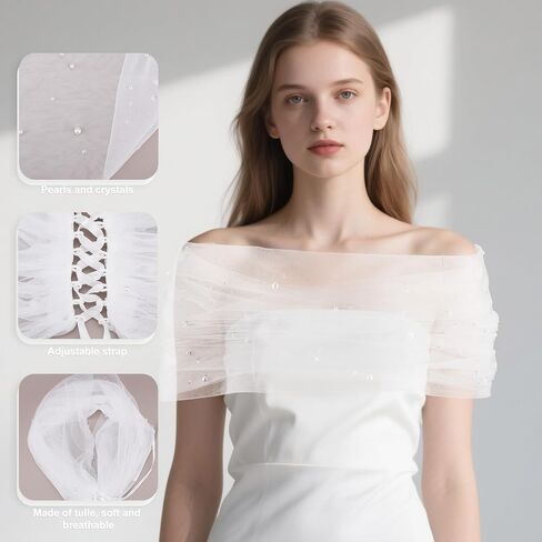 Pearl Tulle Bridal Shawl, Elegant White Sheer Capes Detachable Shoulderless Arms Wraps Fashion Wedding Accessories for Women Dress Topper Party Prom in Saudi Arabia