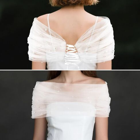 Pearl Tulle Bridal Shawl, Elegant White Sheer Capes Detachable Shoulderless Arms Wraps Fashion Wedding Accessories for Women Dress Topper Party Prom in Saudi Arabia