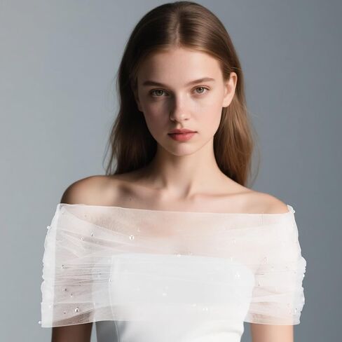 Pearl Tulle Bridal Shawl, Elegant White Sheer Capes Detachable Shoulderless Arms Wraps Fashion Wedding Accessories for Women Dress Topper Party Prom in Saudi Arabia