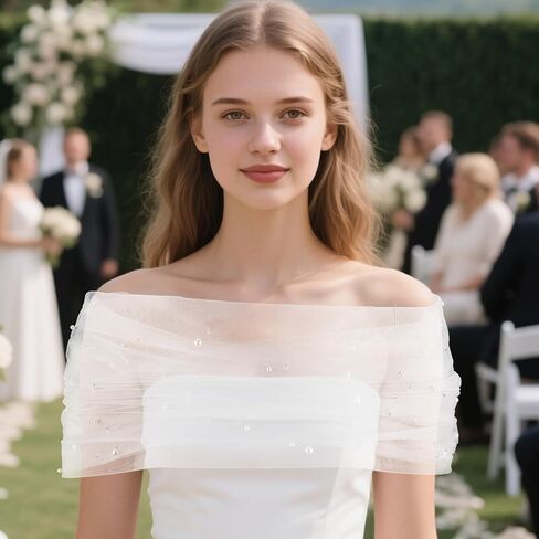 Pearl Tulle Bridal Shawl, Elegant White Sheer Capes Detachable Shoulderless Arms Wraps Fashion Wedding Accessories for Women Dress Topper Party Prom in Saudi Arabia