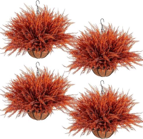 Giegxin 4 Pack Artificial Fall Flowers Outdoor Fake Fall Plants 4 Hanging Basket Planters with 30 Pcs Fern Faux UV Resistant Plastic Plants for Autumn Thanksgiving Decorations(Orange) in Saudi Arabia