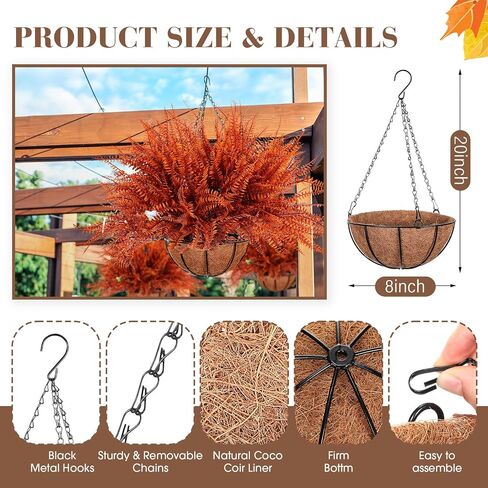 Giegxin 4 Pack Artificial Fall Flowers Outdoor Fake Fall Plants 4 Hanging Basket Planters with 30 Pcs Fern Faux UV Resistant Plastic Plants for Autumn Thanksgiving Decorations(Orange) in Saudi Arabia