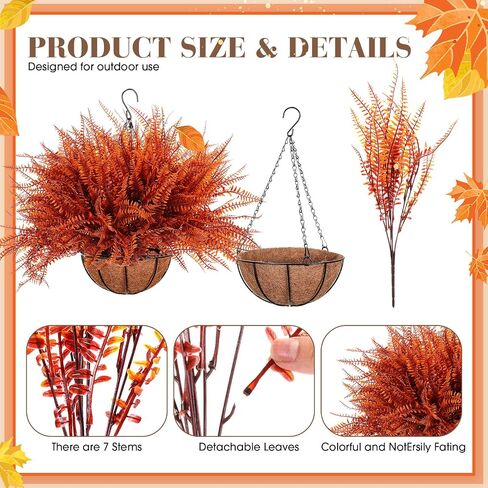 Giegxin 4 Pack Artificial Fall Flowers Outdoor Fake Fall Plants 4 Hanging Basket Planters with 30 Pcs Fern Faux UV Resistant Plastic Plants for Autumn Thanksgiving Decorations(Orange) in Saudi Arabia