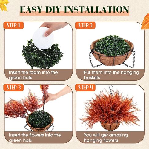 Giegxin 4 Pack Artificial Fall Flowers Outdoor Fake Fall Plants 4 Hanging Basket Planters with 30 Pcs Fern Faux UV Resistant Plastic Plants for Autumn Thanksgiving Decorations(Orange) in Saudi Arabia