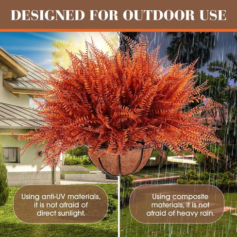 Giegxin 4 Pack Artificial Fall Flowers Outdoor Fake Fall Plants 4 Hanging Basket Planters with 30 Pcs Fern Faux UV Resistant Plastic Plants for Autumn Thanksgiving Decorations(Orange) in Saudi Arabia